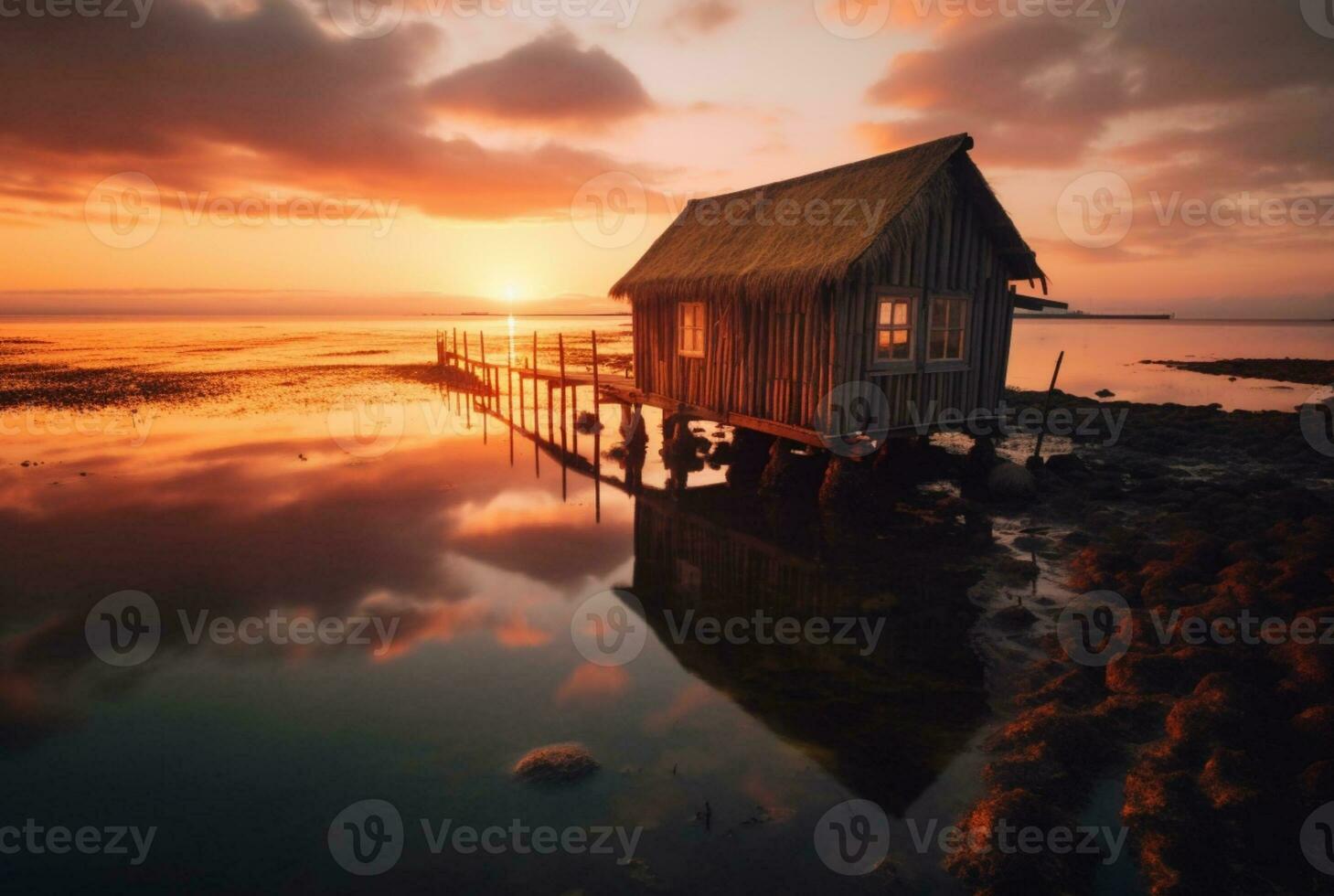 beautiful view of the hut on the beach with sunset in the evening. generative ai photo