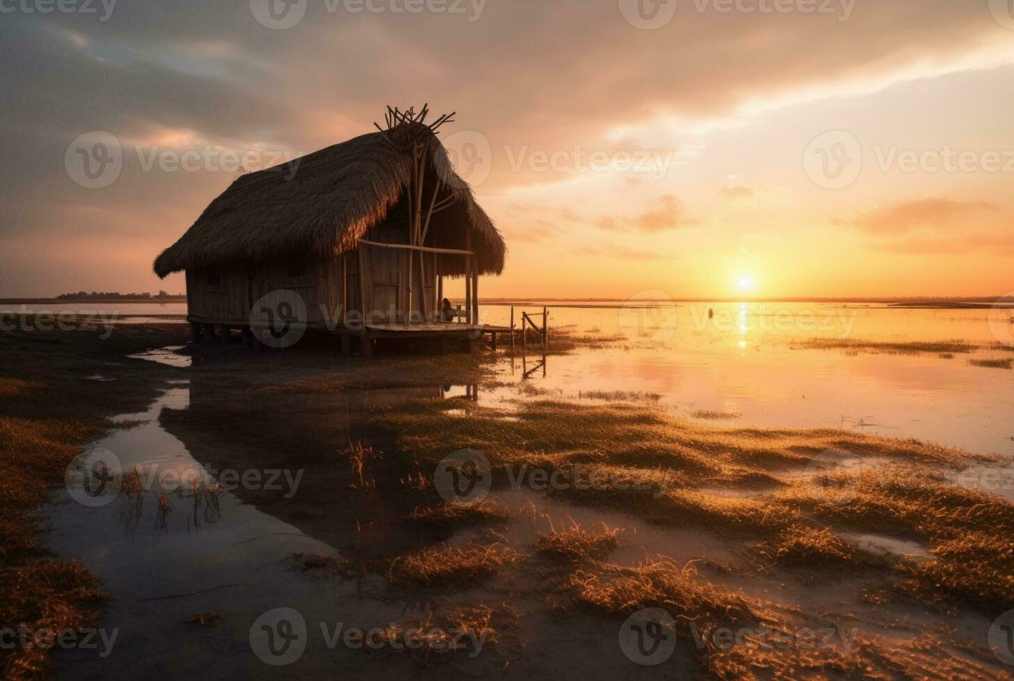 beautiful view of the hut on the beach with sunset in the evening. generative ai photo