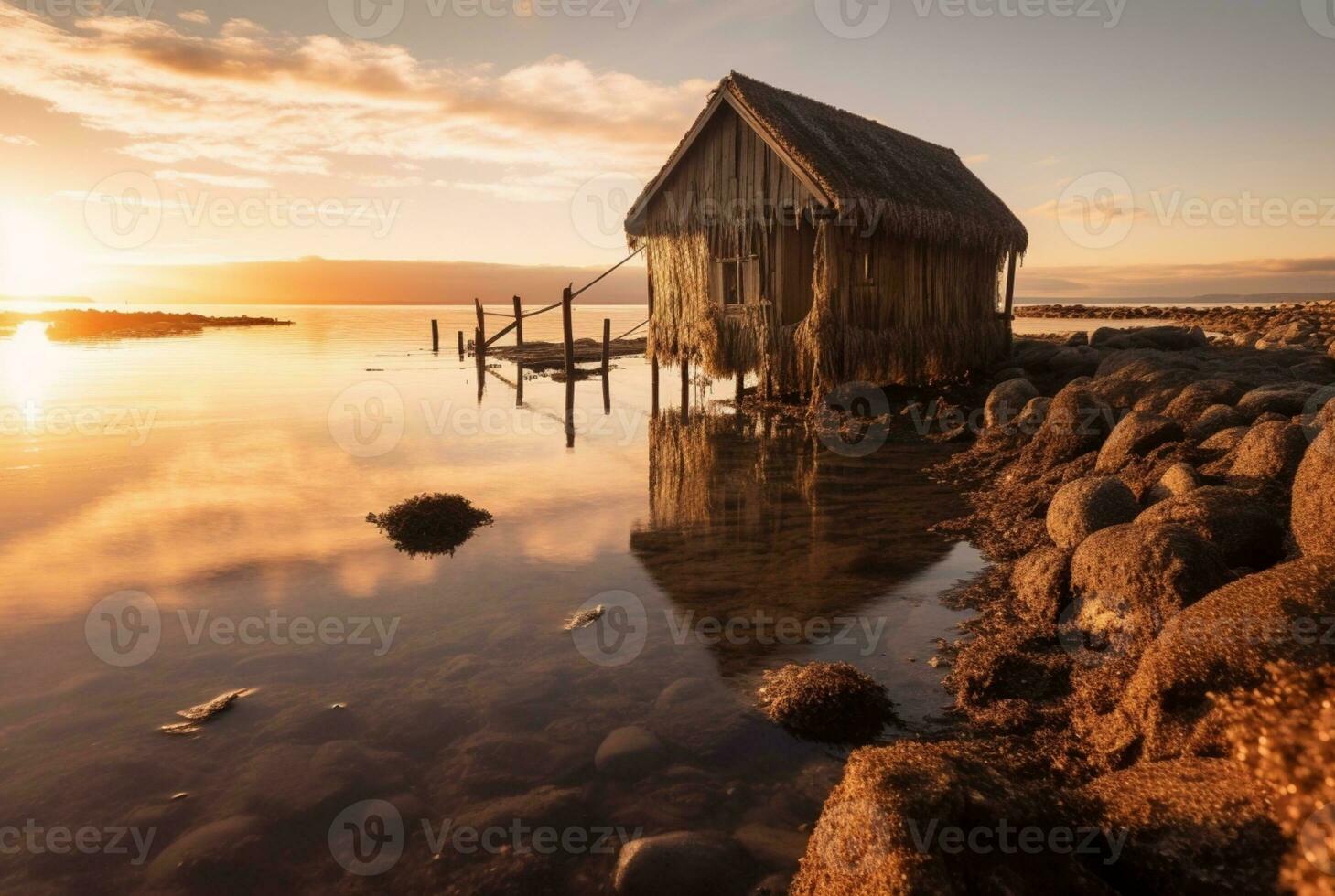 beautiful view of the hut on the beach with sunset in the evening. generative ai photo