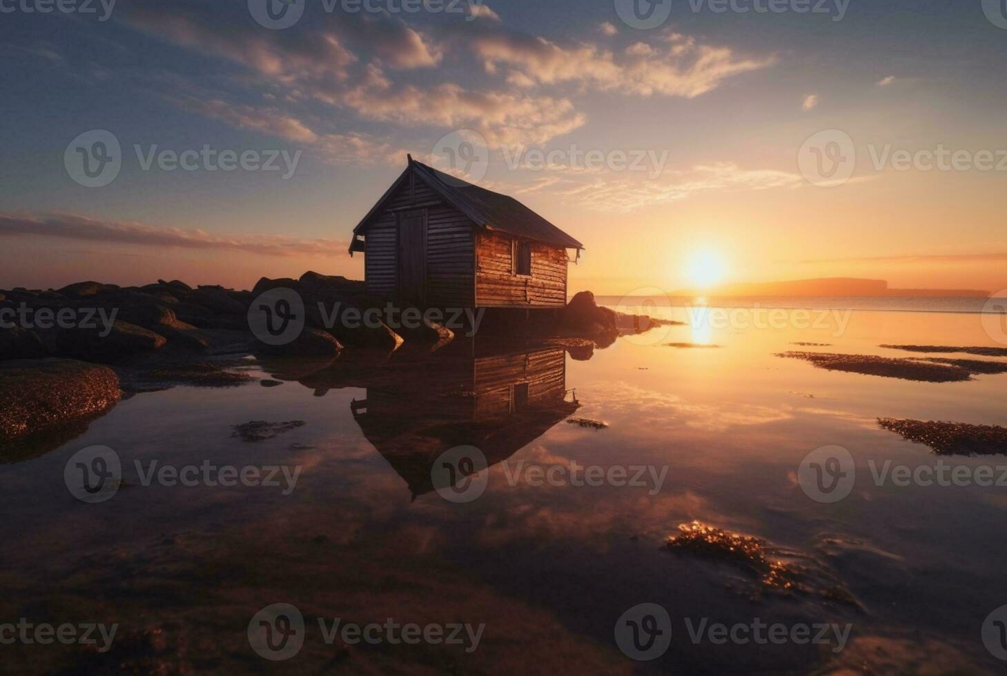 beautiful view of the hut on the beach with sunset in the evening. generative ai photo