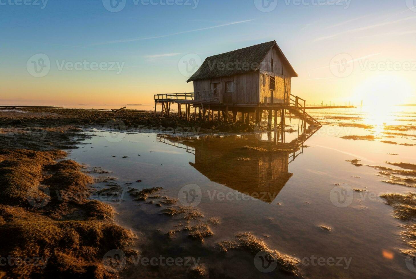 beautiful view of the hut on the beach with sunset in the evening. generative ai photo