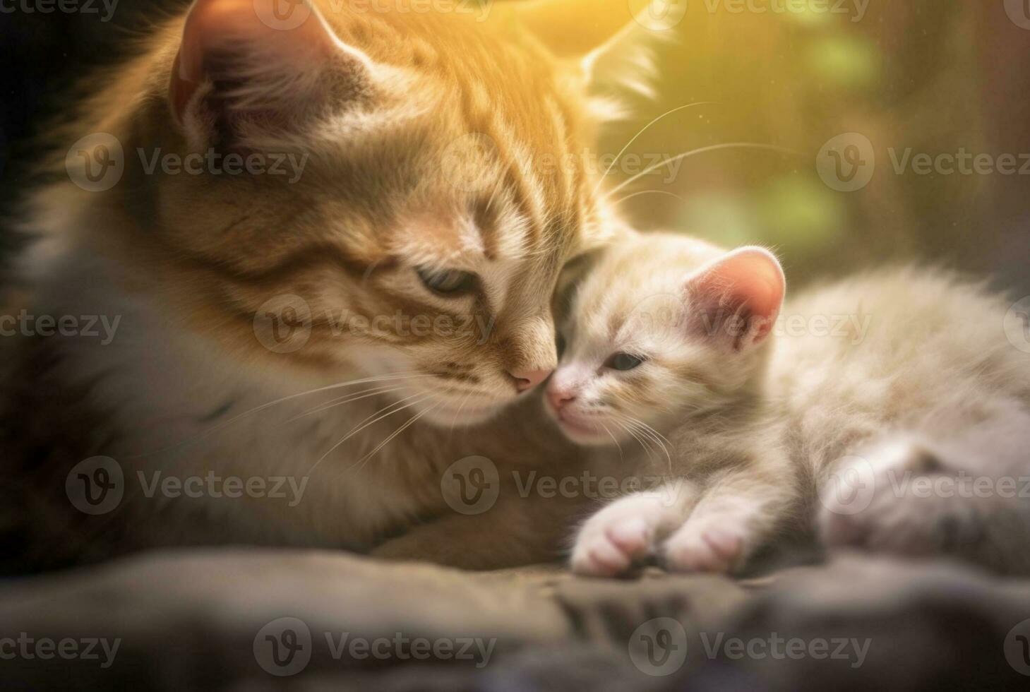 closeup of kitten with cute mother cat. generative ai photo