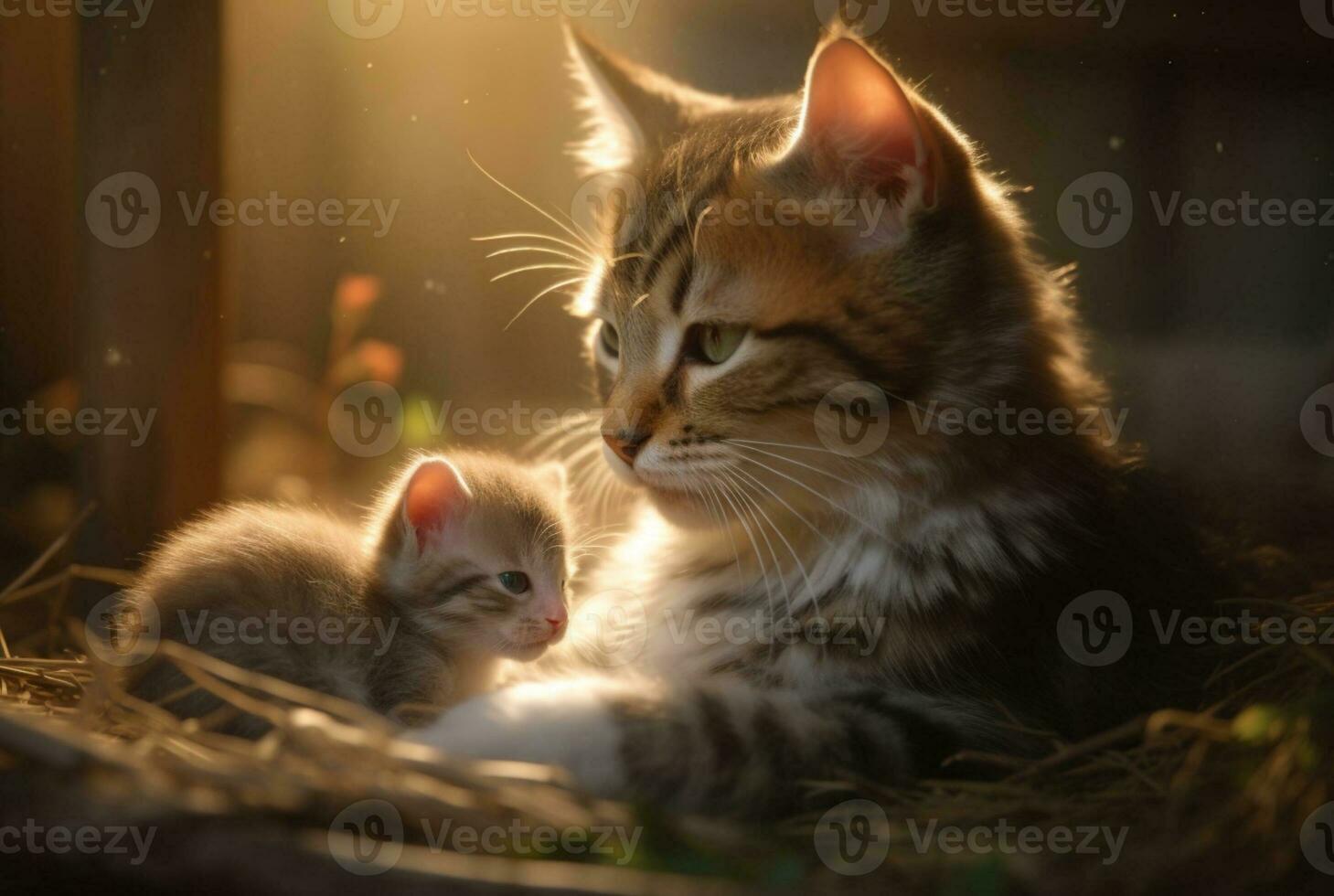 closeup of kitten with cute mother cat. generative ai photo