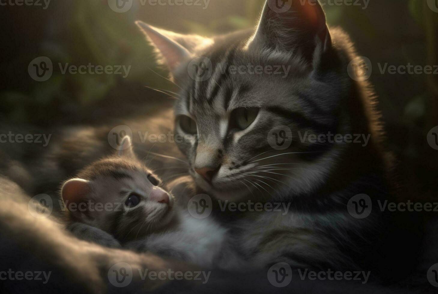 closeup of kitten with cute mother cat. generative ai photo