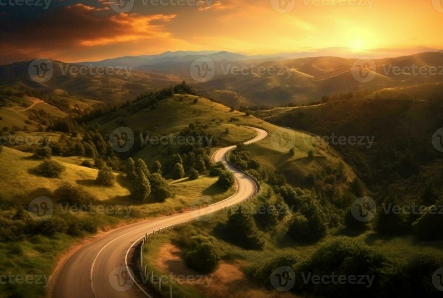 winding road in the hills with a beautiful view of the sun in the evening. generative ai photo