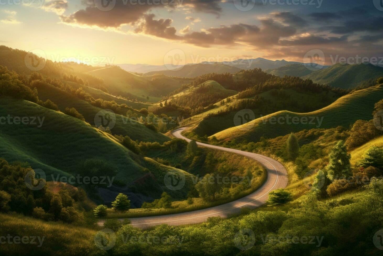 winding road in the hills with a beautiful view of the sun in the evening. generative ai photo