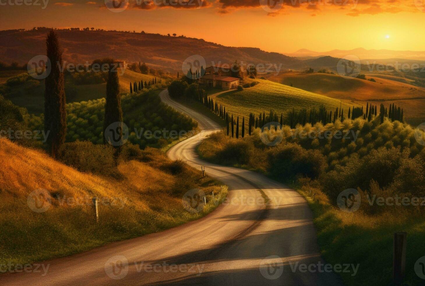 winding road in the hills with a beautiful view of the sun in the evening. generative ai photo