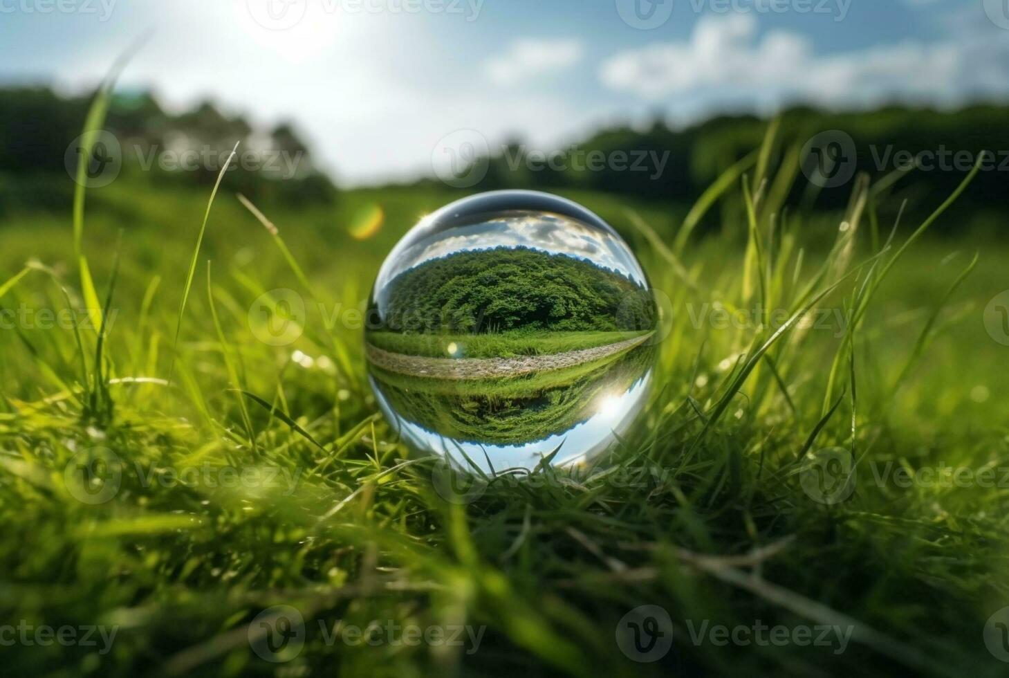 the glass ball on the green grass reflected nature landscape. generative ai photo