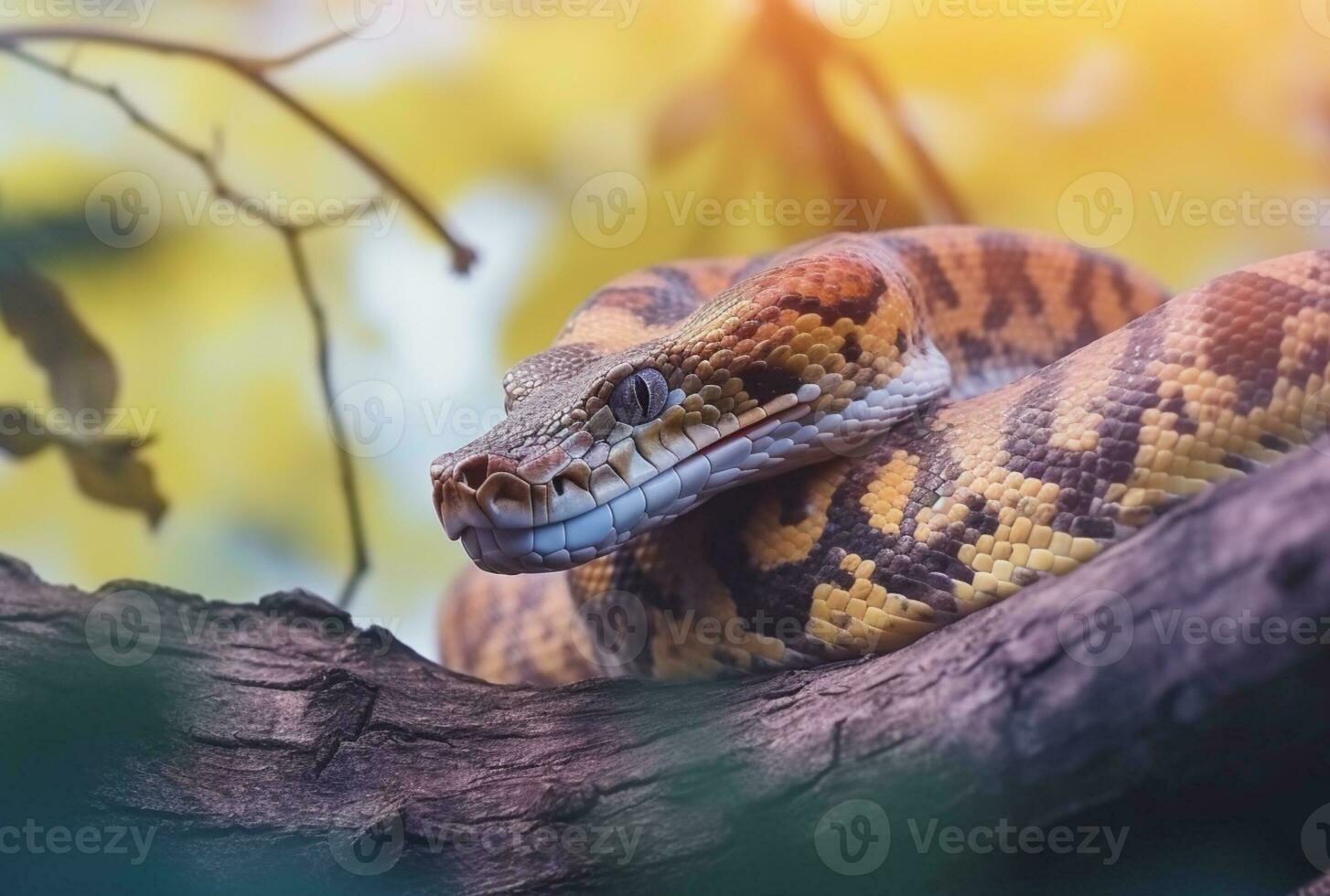 closeup of python on tree with blurred background. generative ai photo