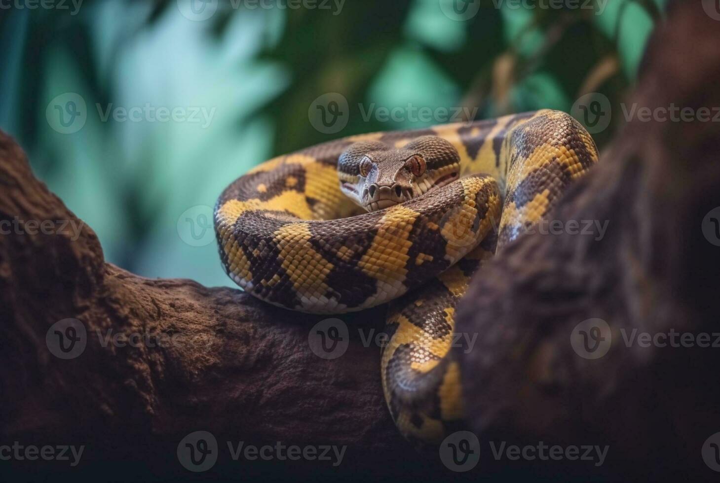 closeup of python on tree with blurred background. generative ai photo