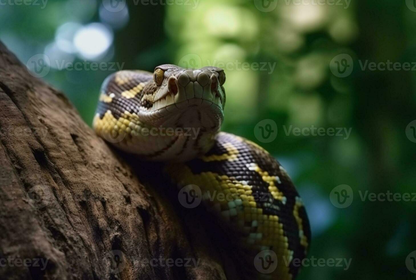 de cerca de pitón en árbol con borroso antecedentes. generativo ai foto