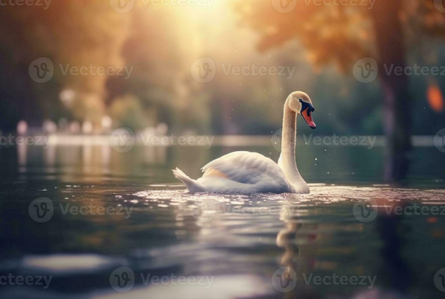 white swan swimming over river with blurred background. generative ai photo