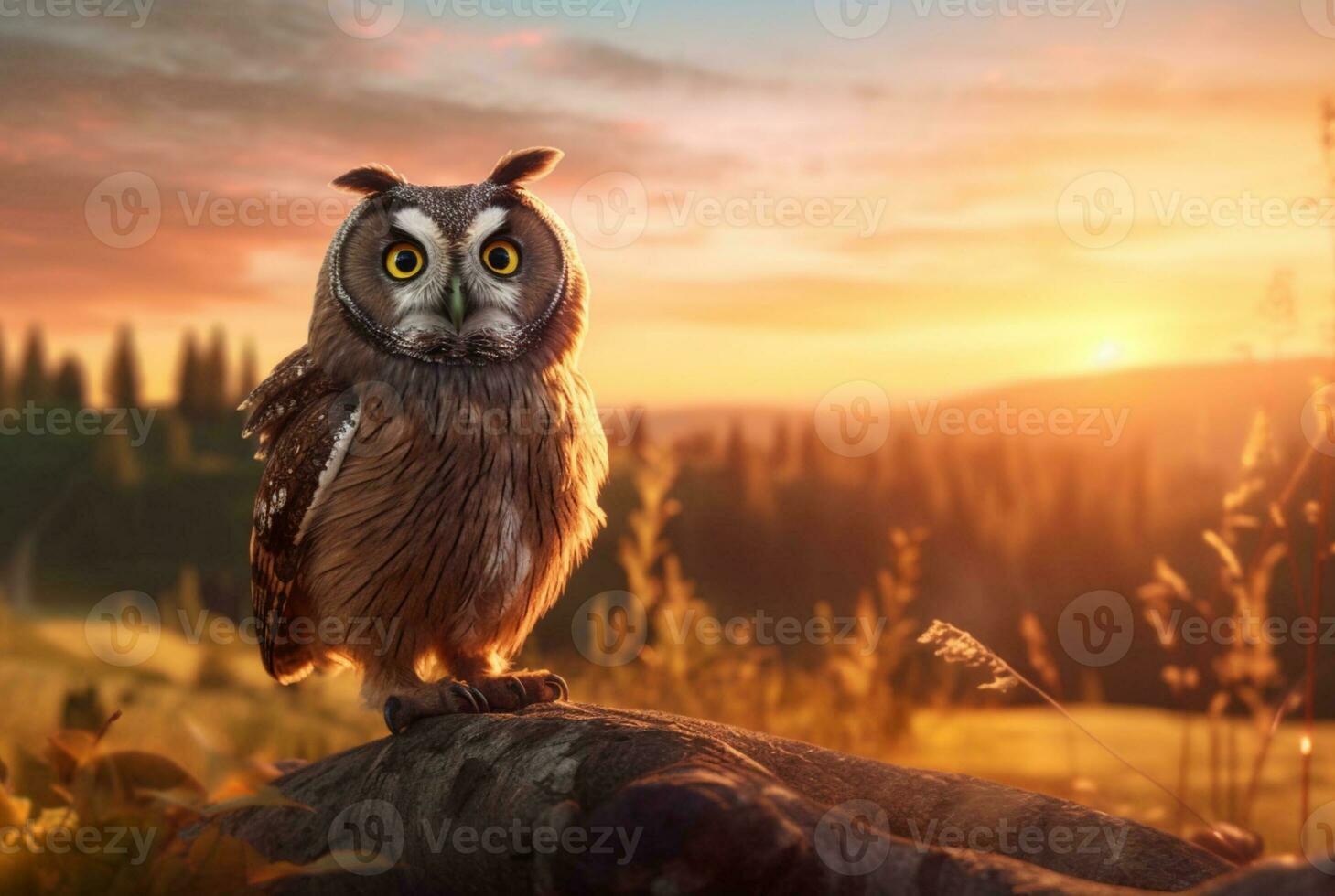 owl on the hill with the beauty of the sunset in the afternoon. generative ai photo