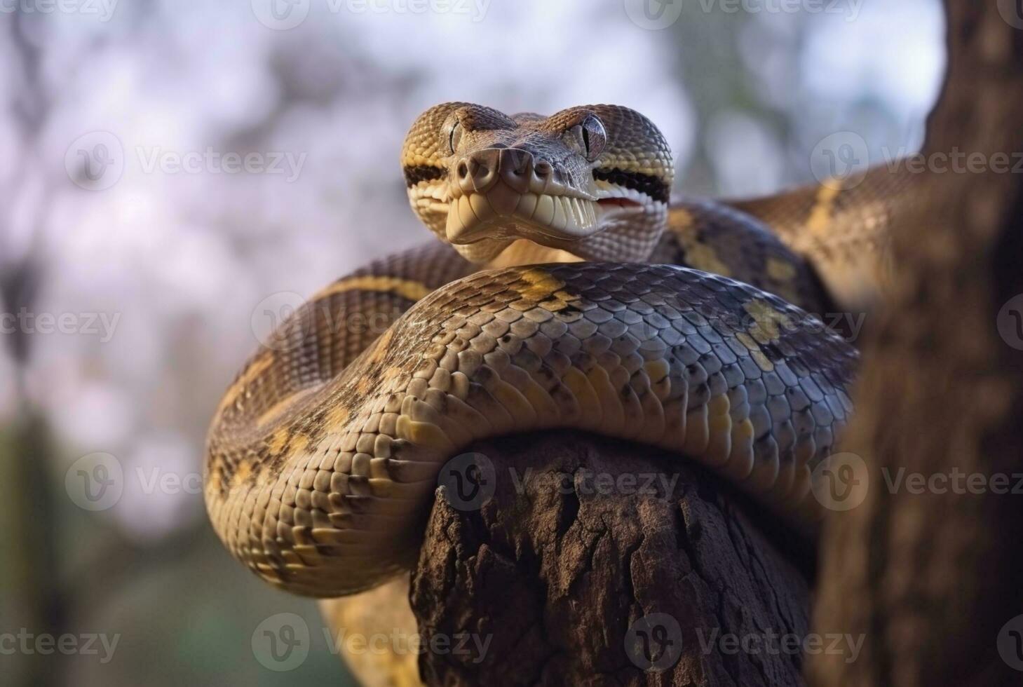 de cerca de pitón en árbol con borroso antecedentes. generativo ai foto