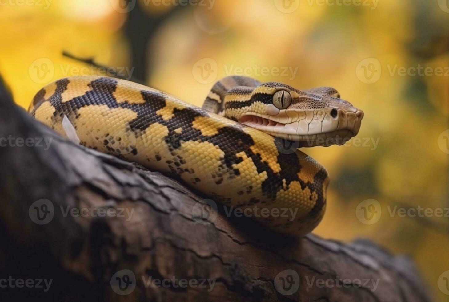 closeup of python on tree with blurred background. generative ai photo