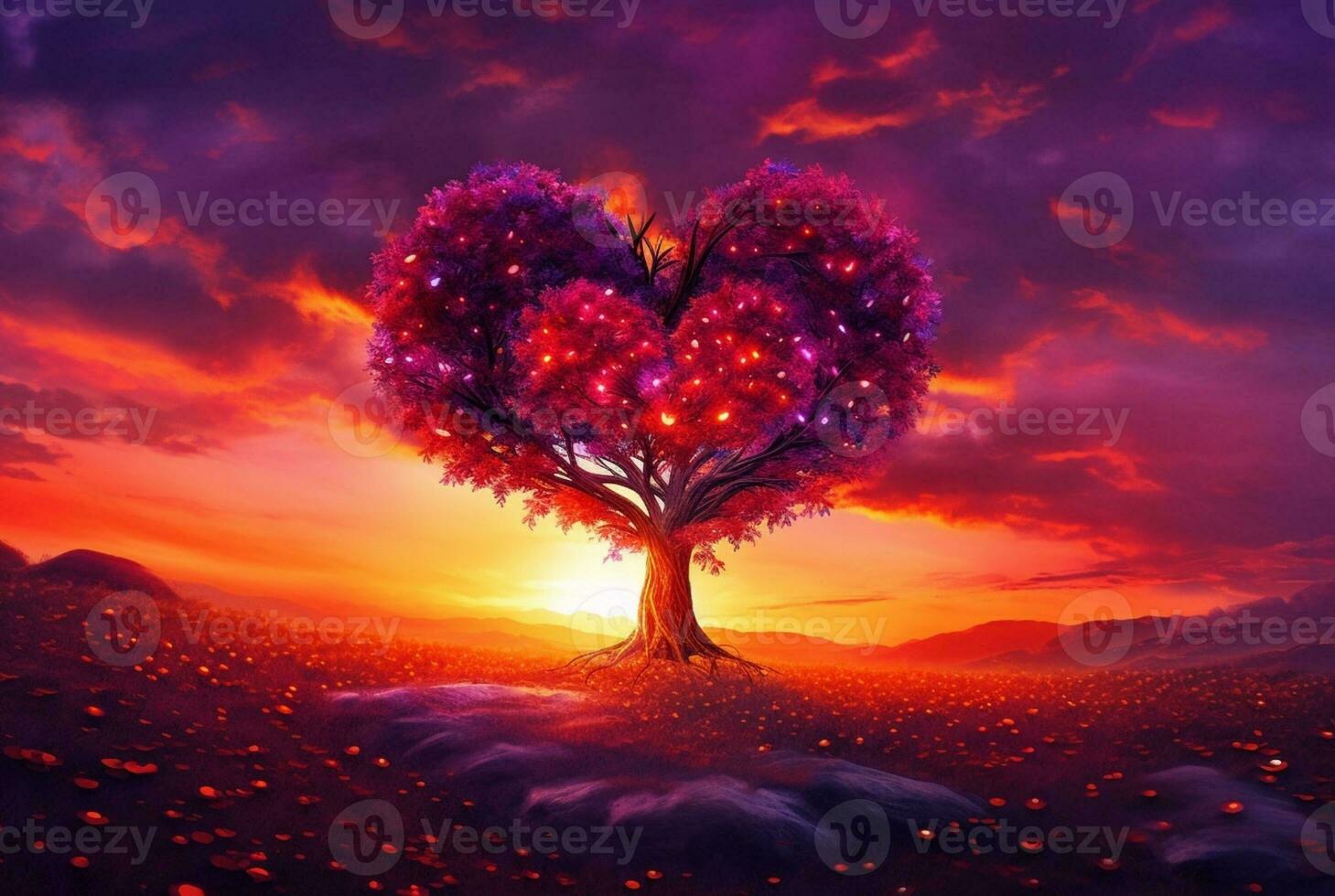 heart shaped tree with beautiful sunset. generative ai photo