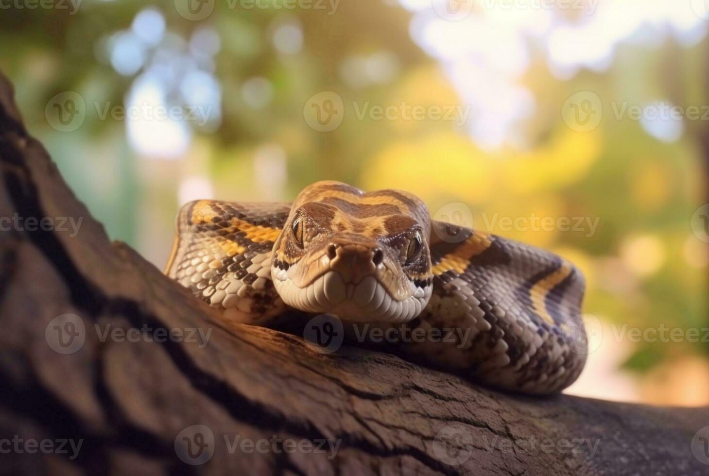 de cerca de pitón en árbol con borroso antecedentes. generativo ai foto