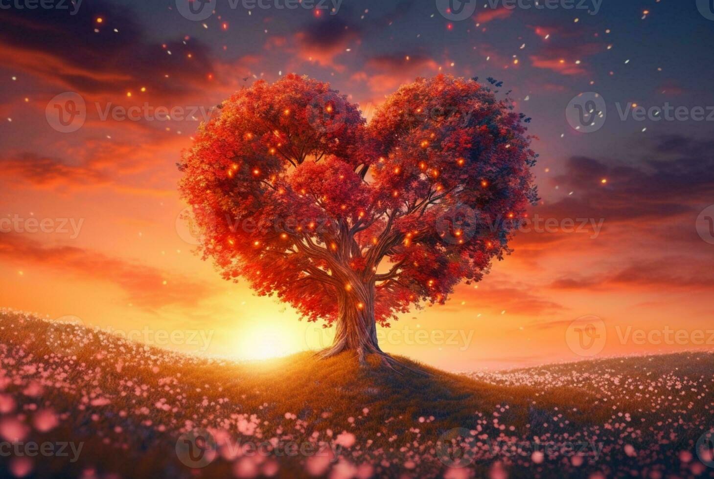 heart shaped tree with beautiful sunset. generative ai photo