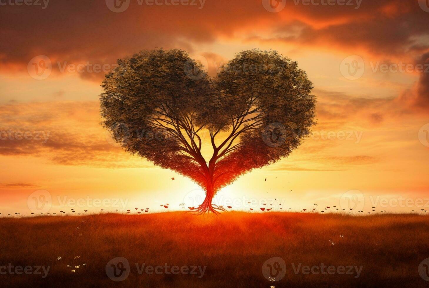 heart shaped tree with beautiful sunset. generative ai photo