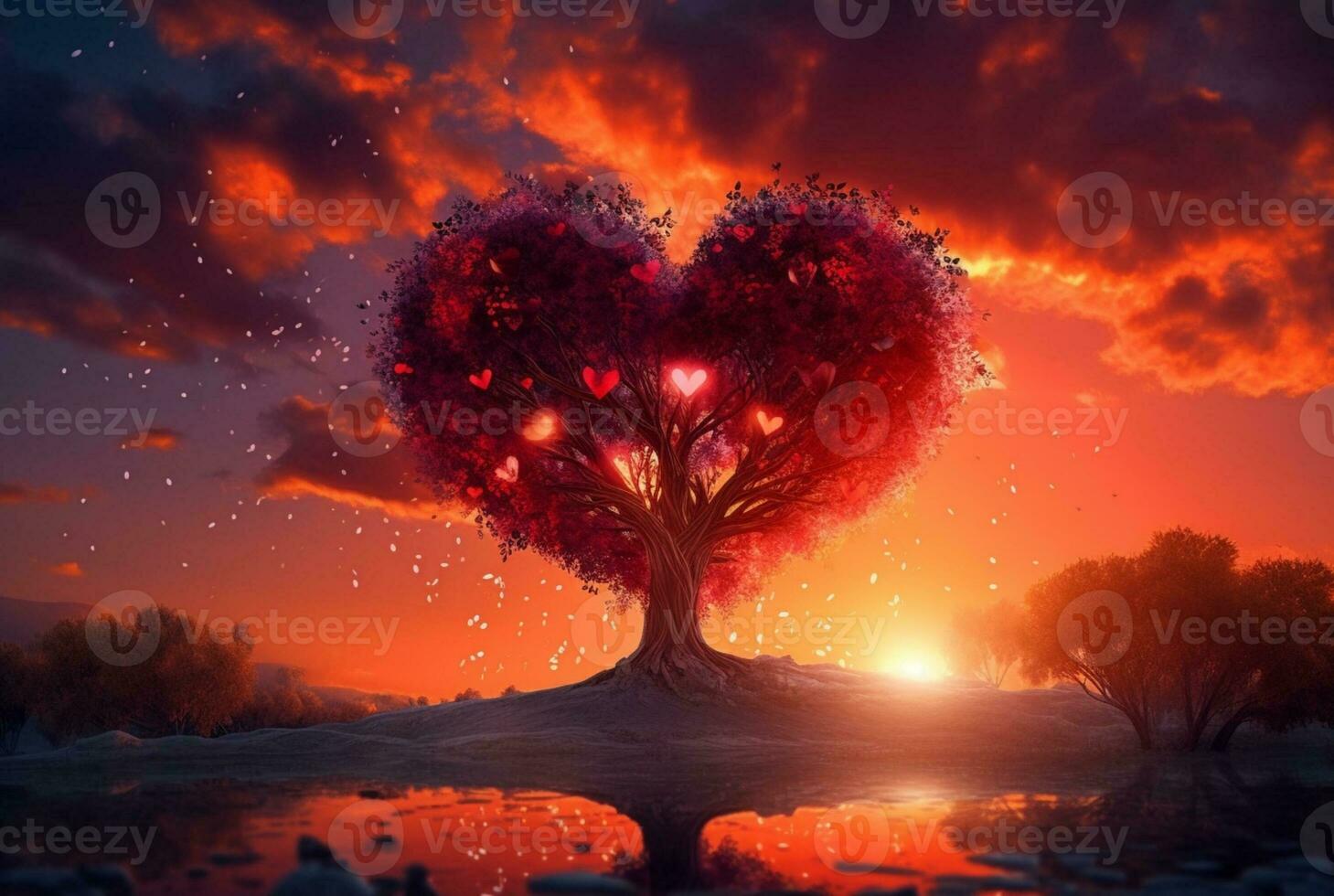 heart shaped tree with beautiful sunset. generative ai photo