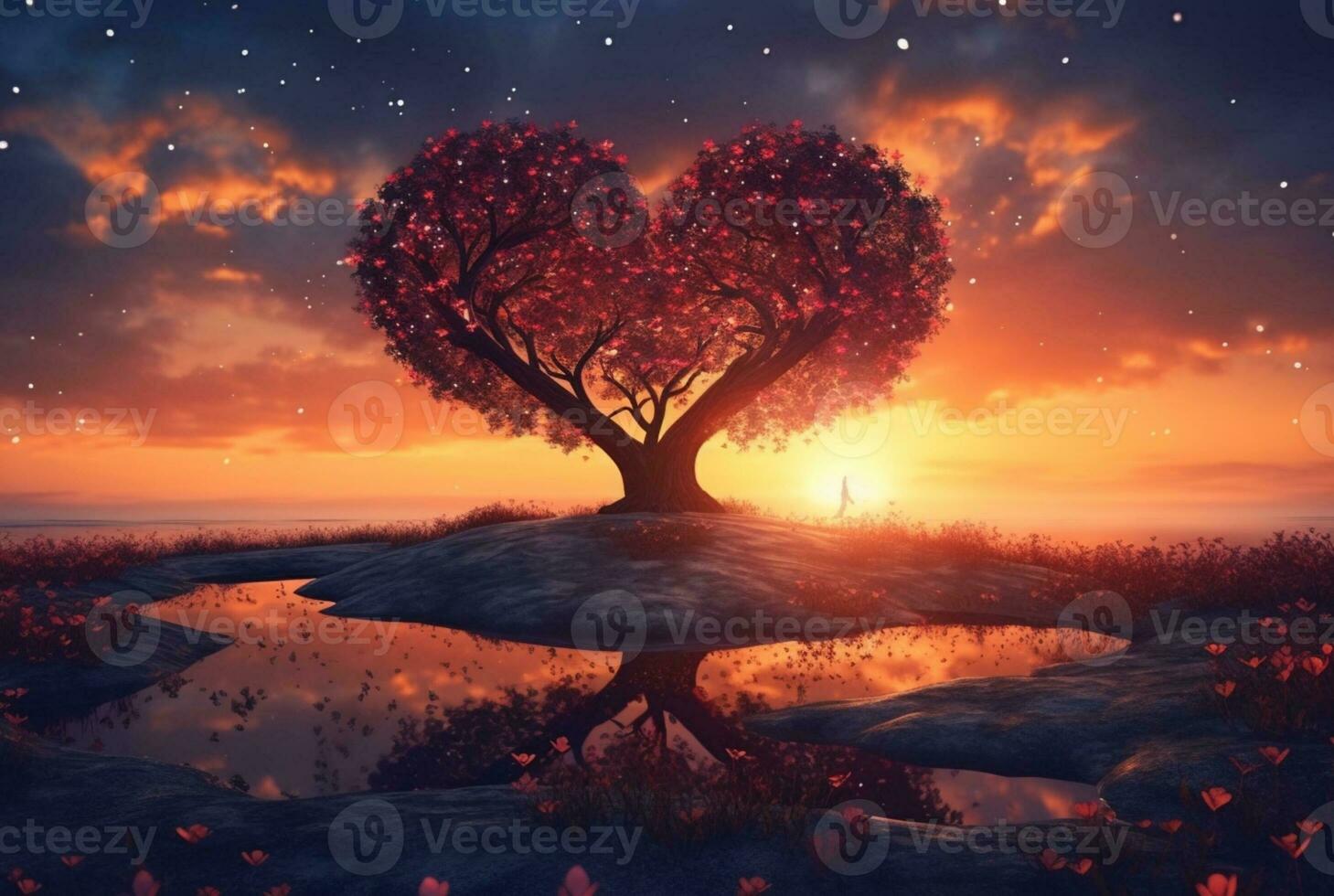 heart shaped tree with beautiful sunset. generative ai photo