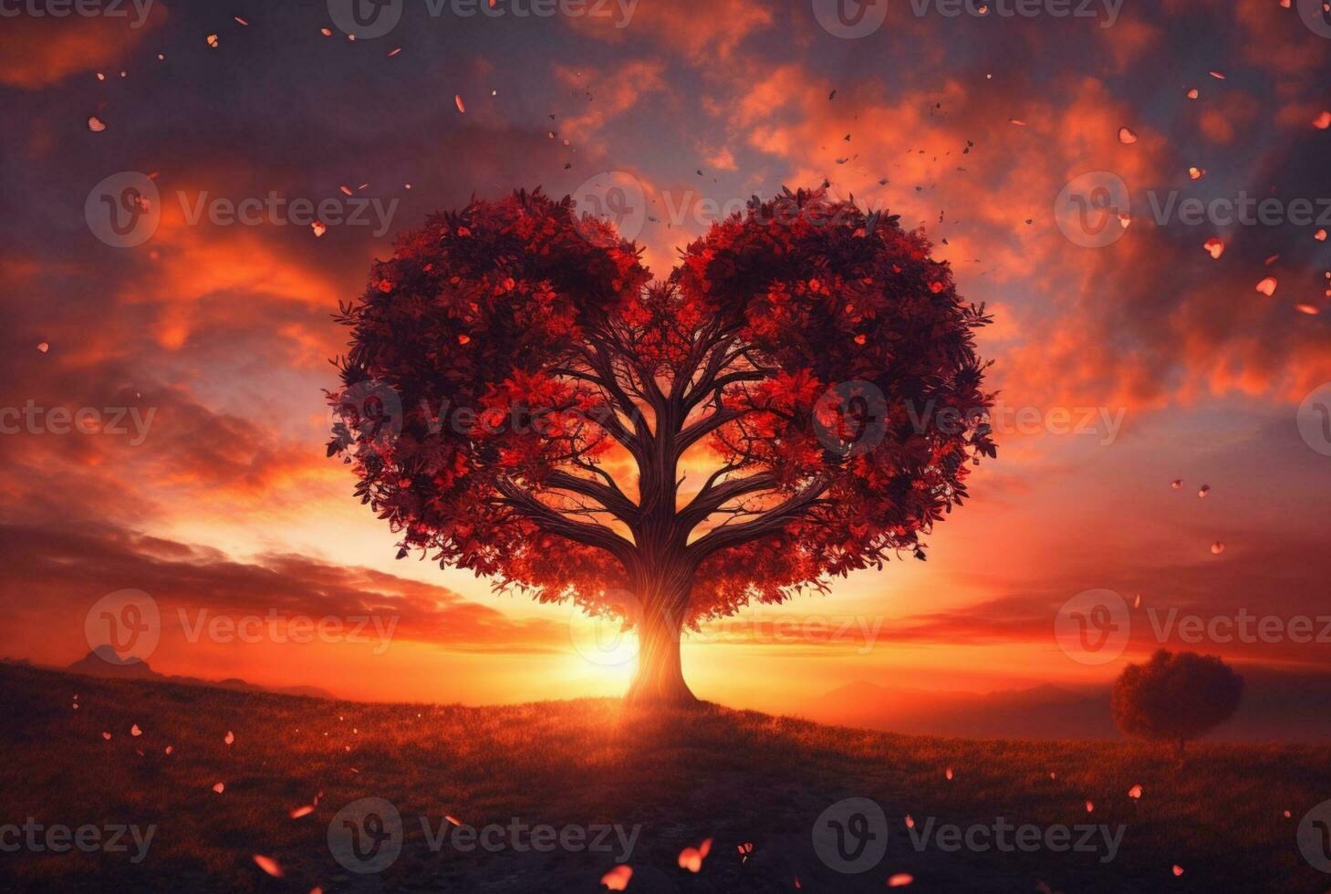 heart shaped tree with beautiful sunset. generative ai photo