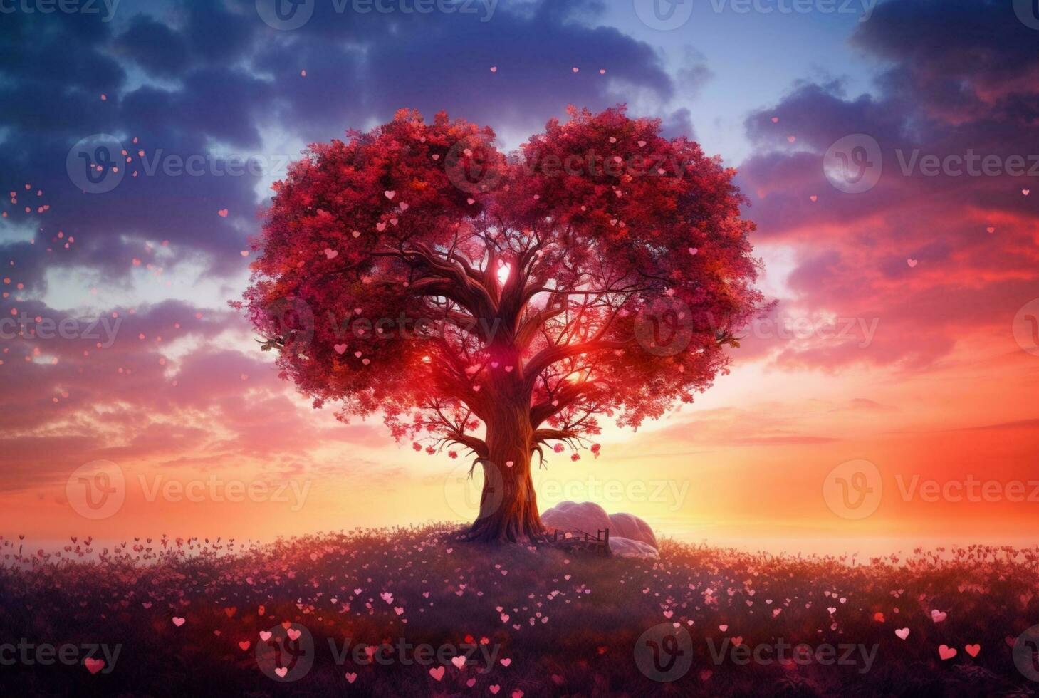 heart shaped tree with beautiful sunset. generative ai photo