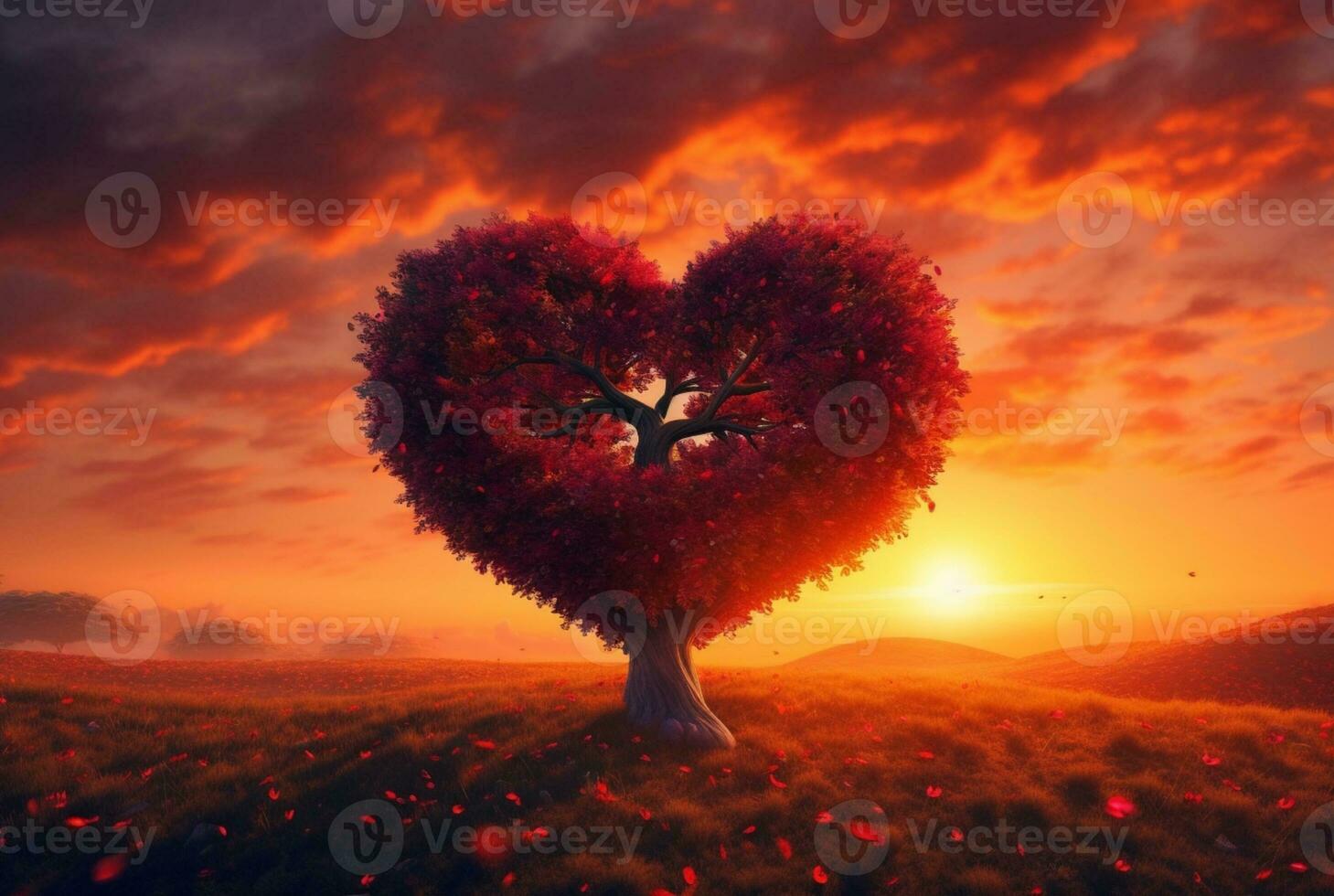 heart shaped tree with beautiful sunset. generative ai photo