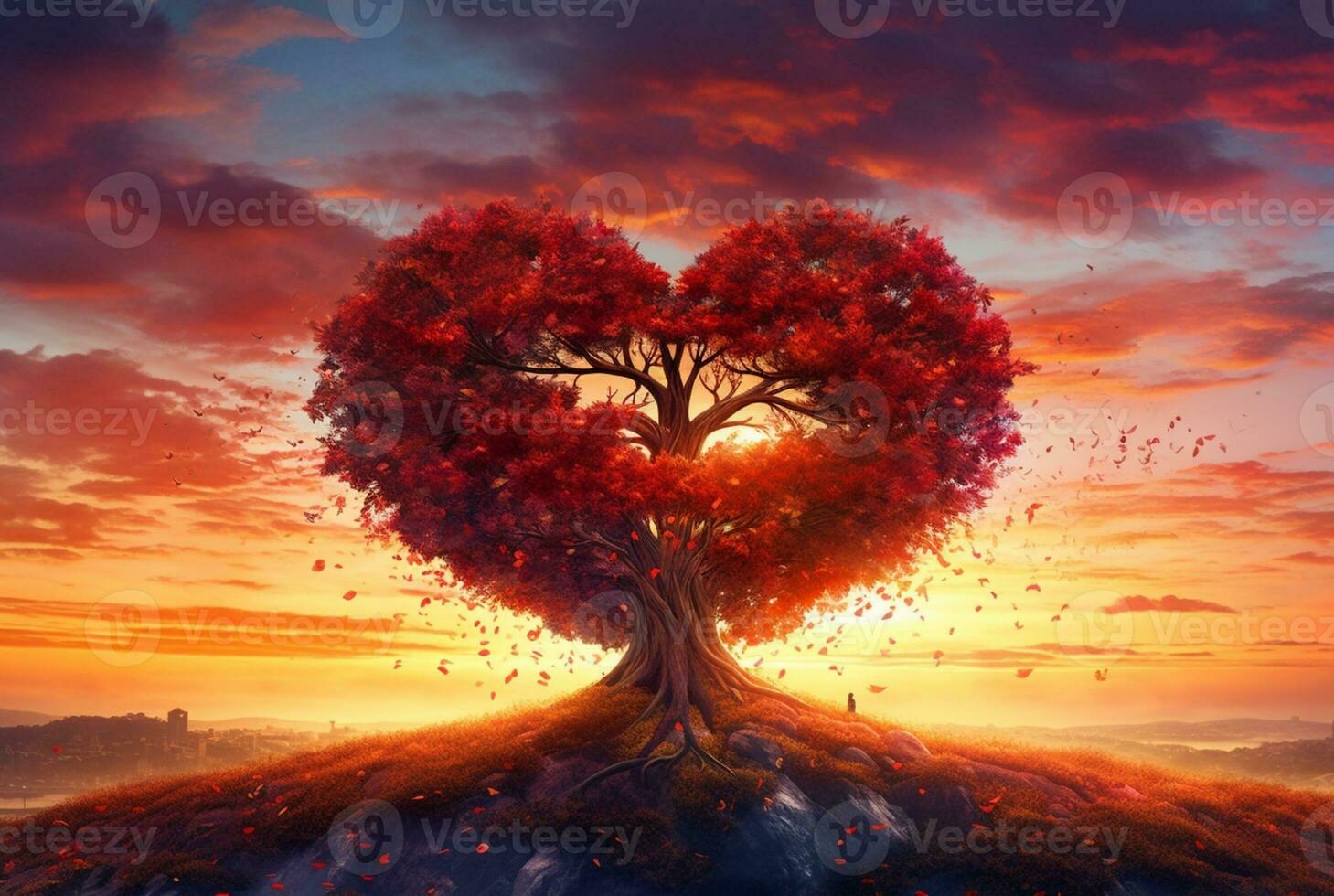 heart shaped tree with beautiful sunset. generative ai photo