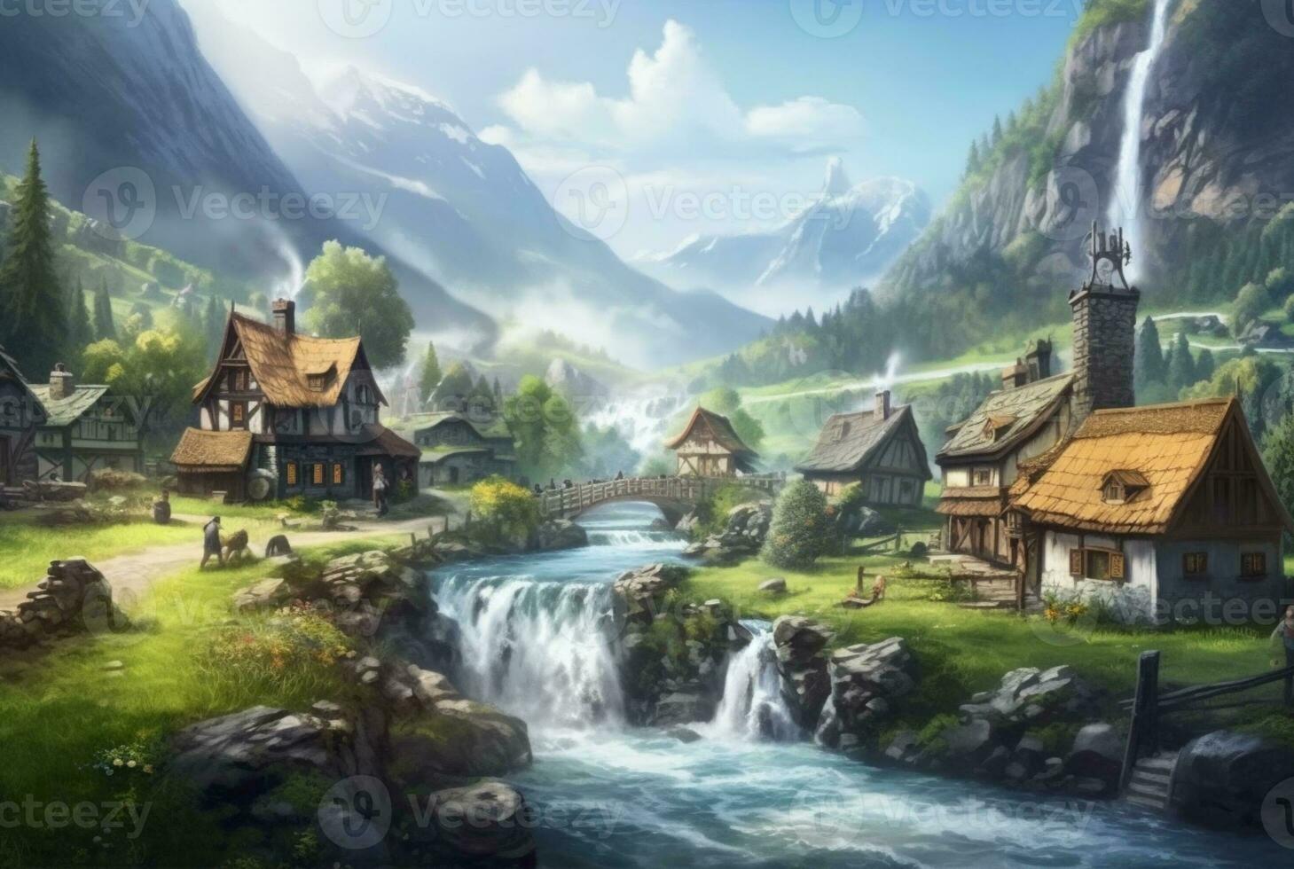a small village with a beautiful waterfall. generative ai photo