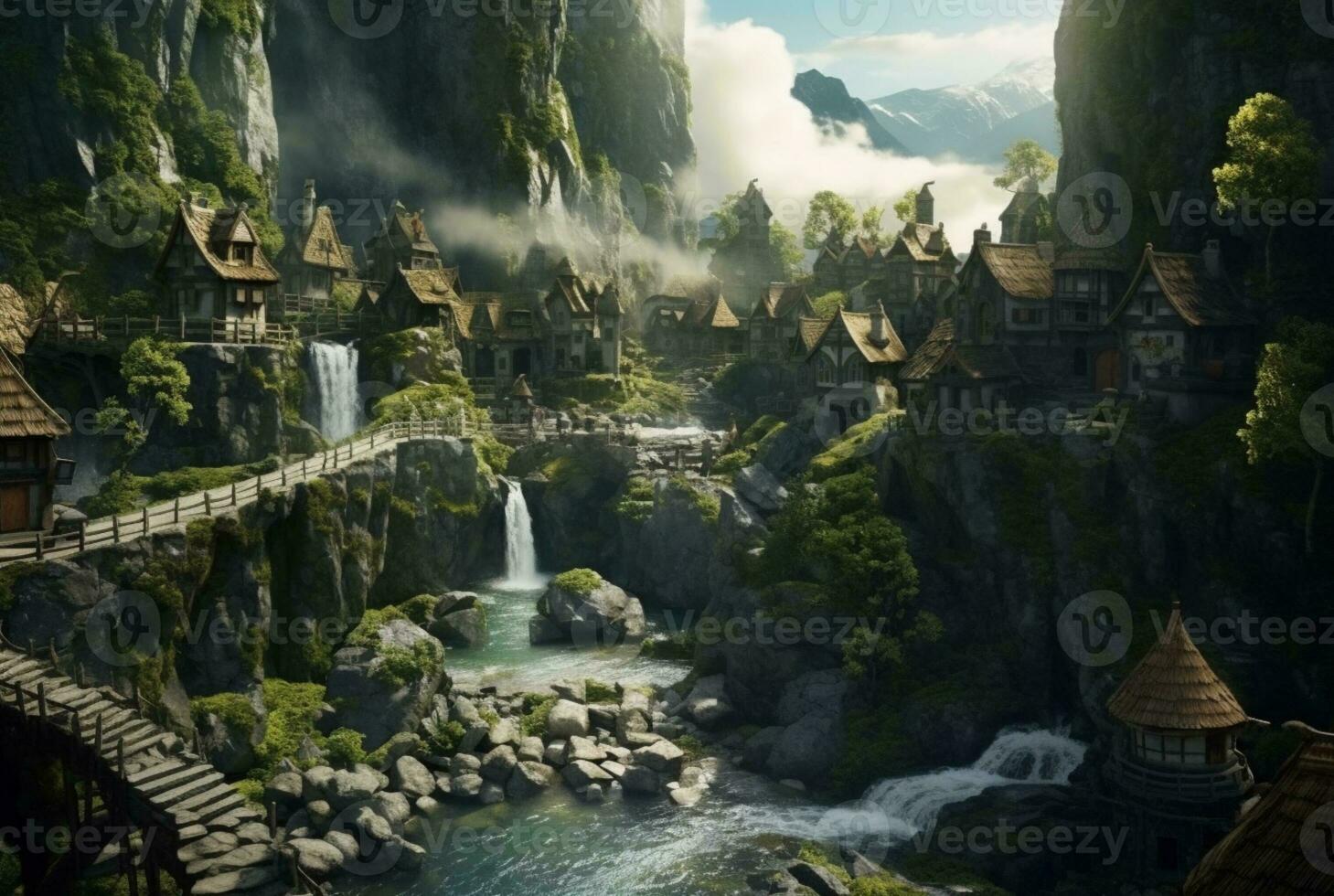 a small village with a beautiful waterfall. generative ai photo