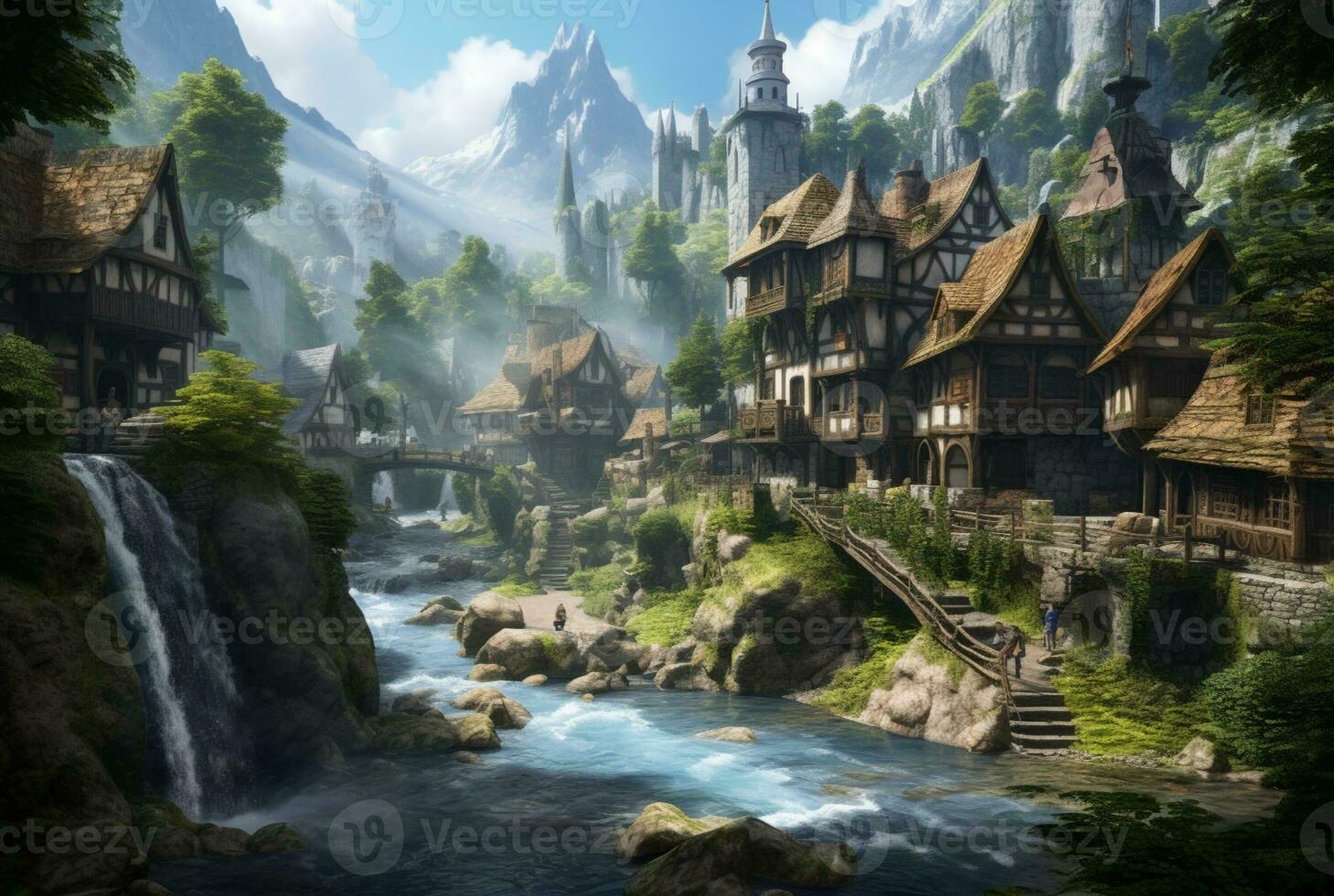 a small village with a beautiful waterfall. generative ai photo