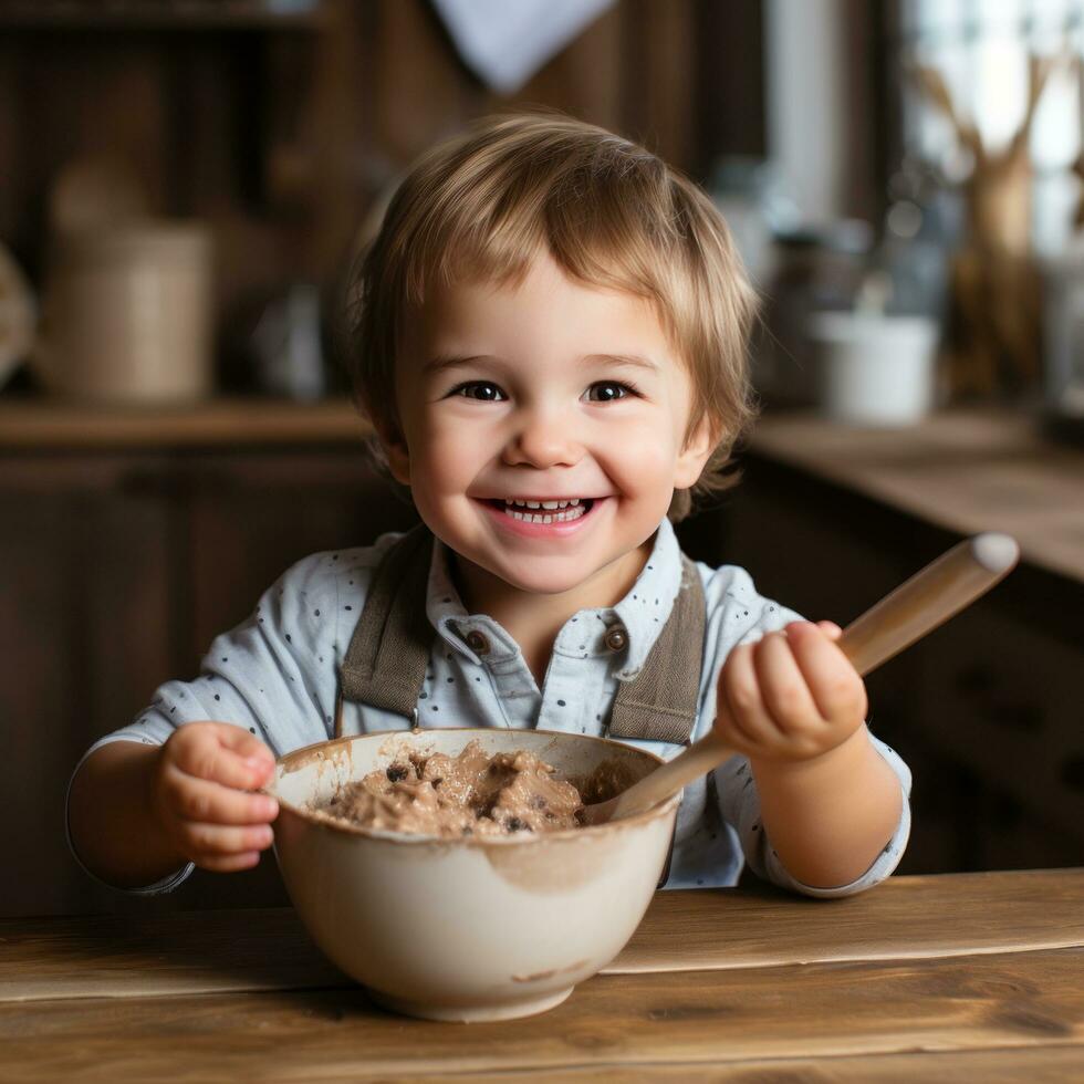 Adorable child stirring cookie dough with a wooden spoon photo