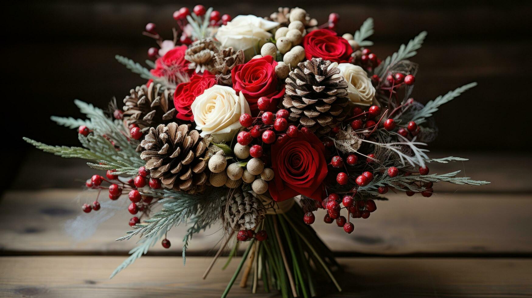 Rustic bouquet of pine branches berries and cotton stems photo