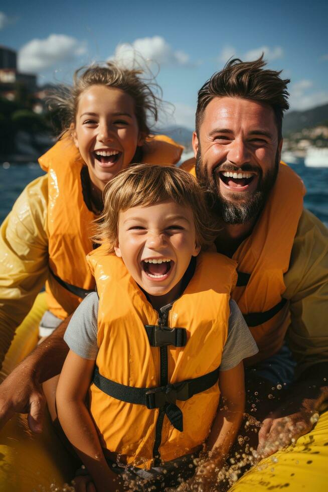Laughing family having fun while riding on a banana boat photo