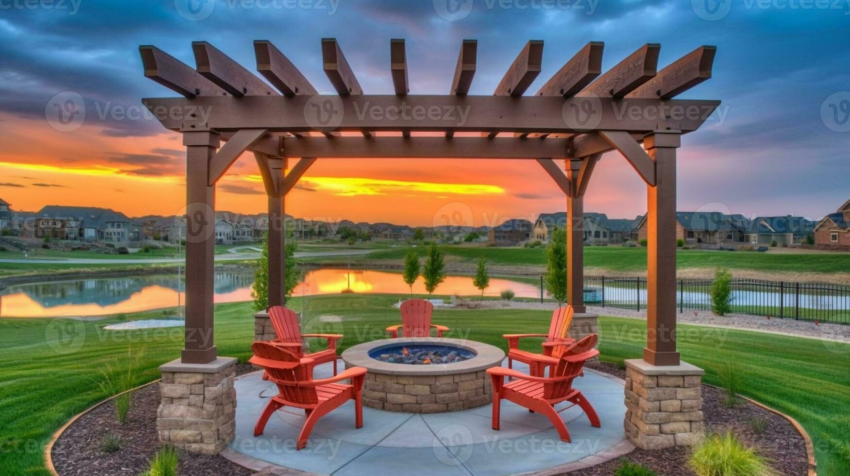 Relaxing Retreat Cozy Backyard with Fire Pit and Pergola Seating, Generative AI photo