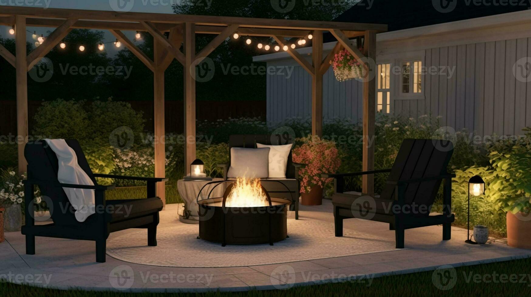 Relaxing Retreat Cozy Backyard with Fire Pit and Pergola Seating, Generative AI photo