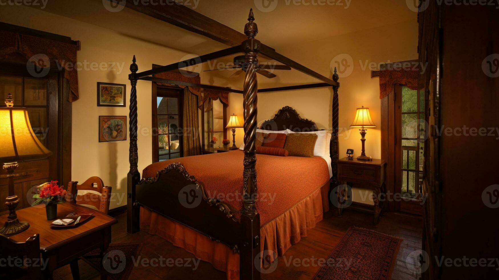 romántico retirada acogedor dormitorio con tamaño king copetudo cama y suave Encendiendo, generativo ai foto