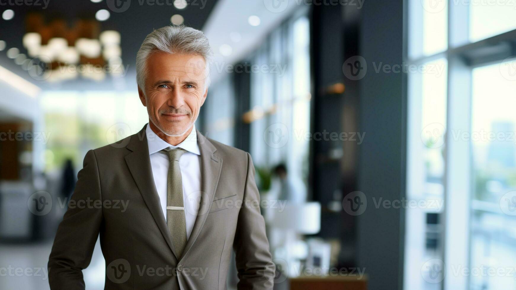 confidente y elegante hermoso de edad mediana empresario huelgas un pose, ai generativo foto