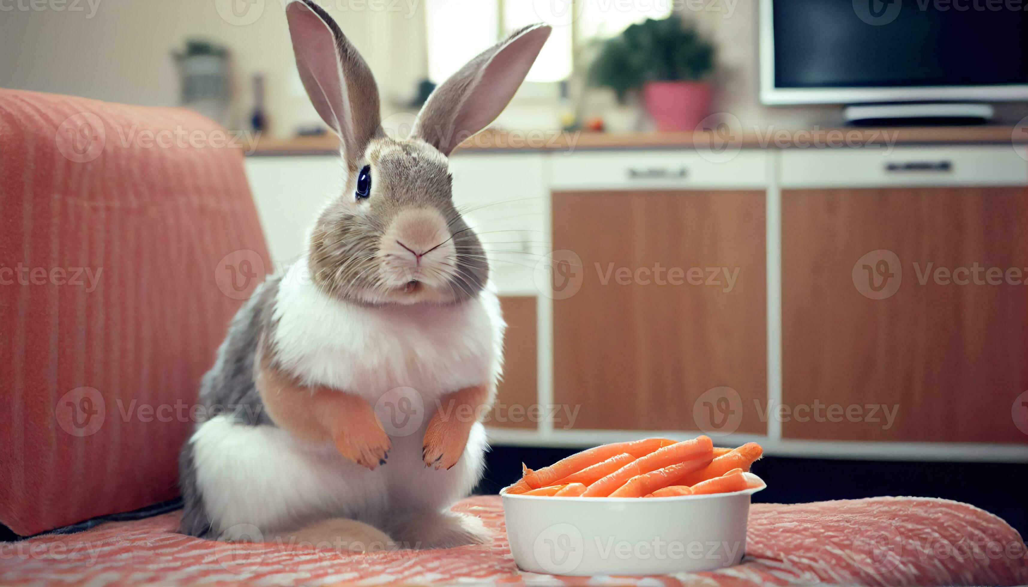 Generative AI, Bunny Bliss A Pet Rabbit Nibbles on Carrots in a Cozy