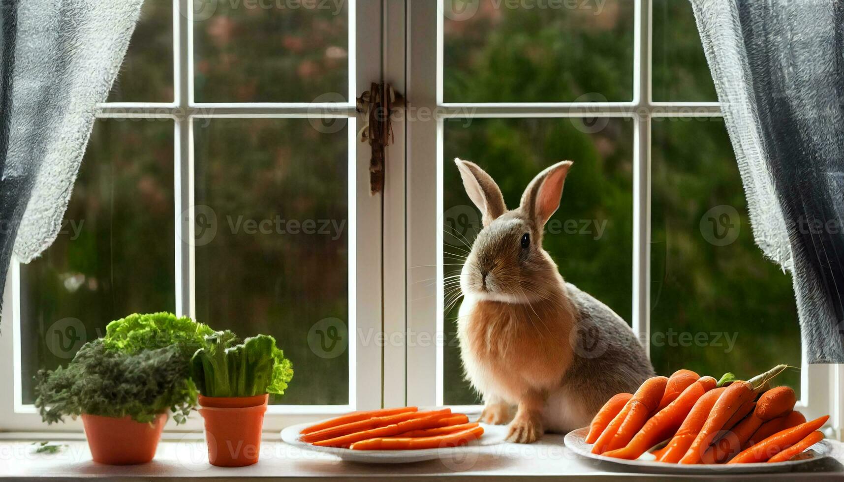 Generative AI, Bunny Bliss A Pet Rabbit Nibbles on Carrots in a Cozy Indoor Haven photo