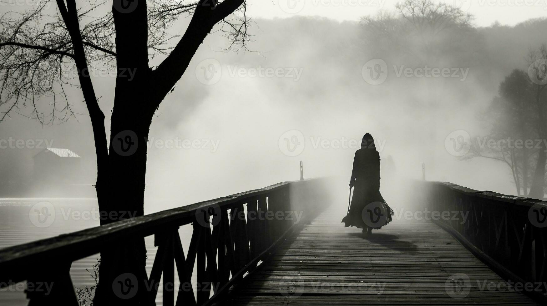 generativo ai, etéreo cruce el fantasmal puente caminante foto