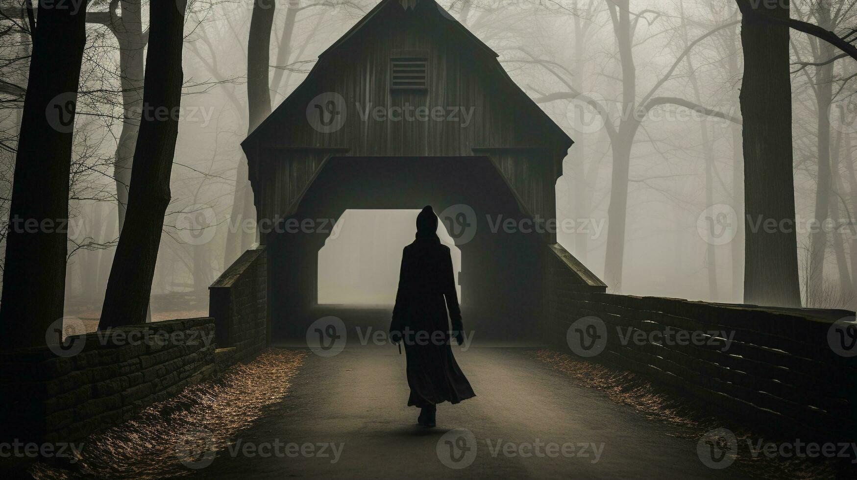 Generative AI, Ethereal Crossing The Ghostly Bridge Walker photo