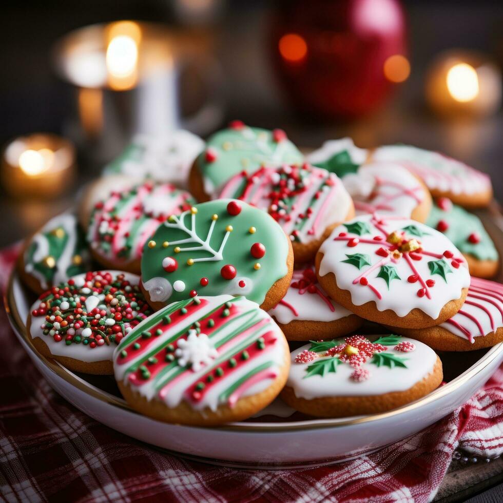 Close-up of a tray of beautifully decorated Christmas cookies photo