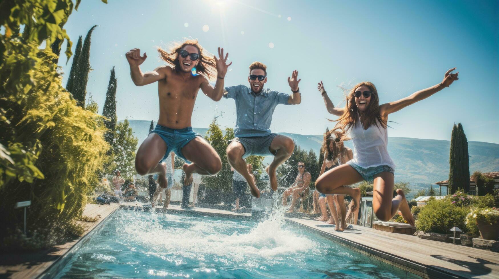 A group of friends jumping into the pool, captured in mid-air photo
