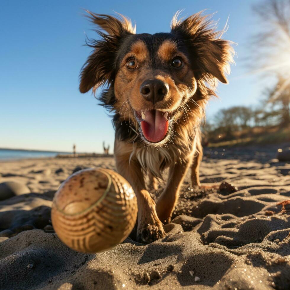 juguetón sombra de perro persiguiendo pelota en soleado playa foto