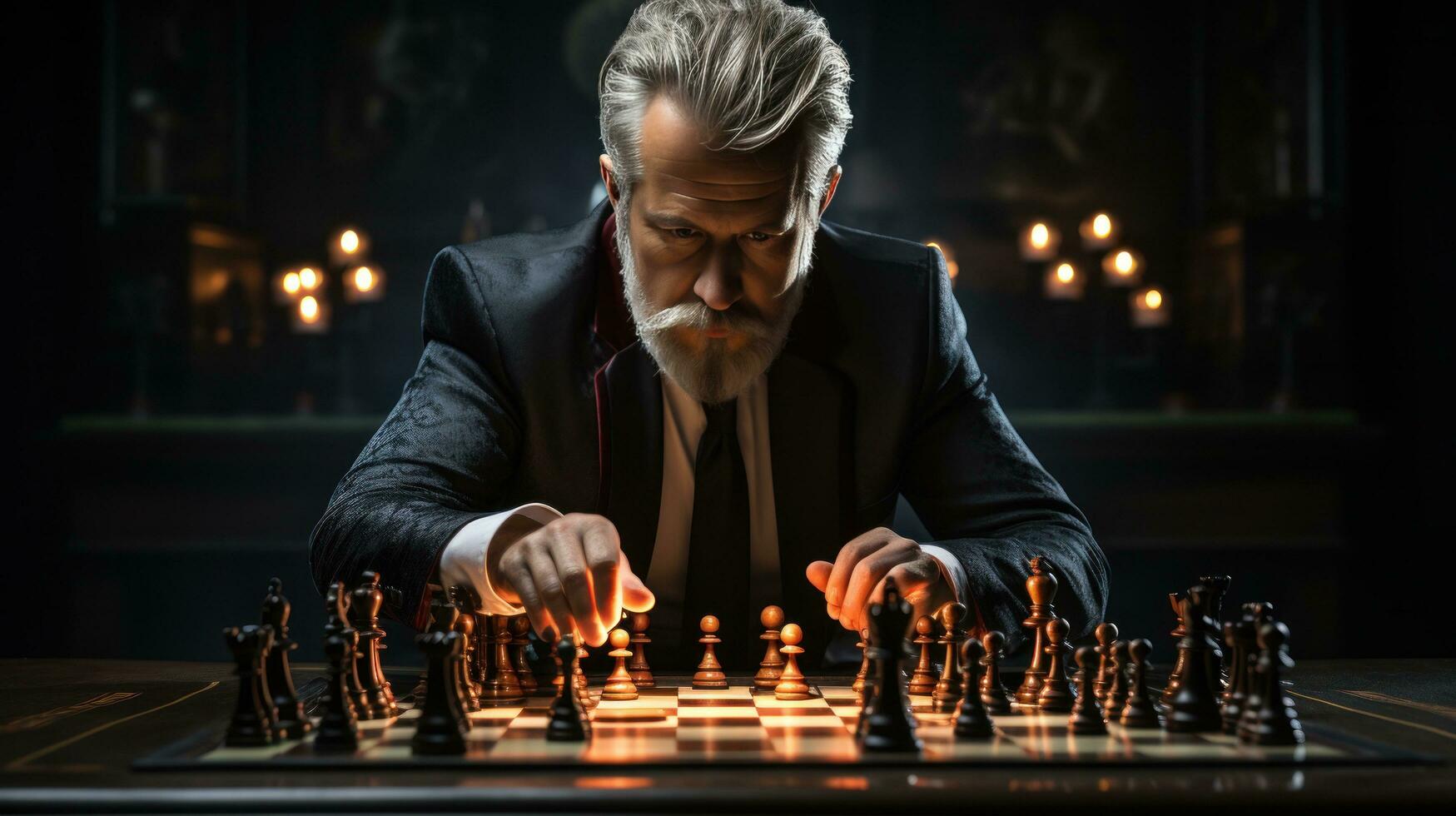 A photograph featuring a businessman strategically moving a chess piece on a board game photo