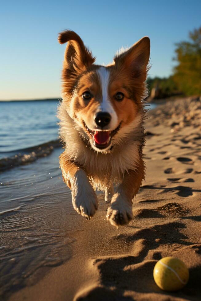 Playful shadow of dog chasing ball on sunny beach photo