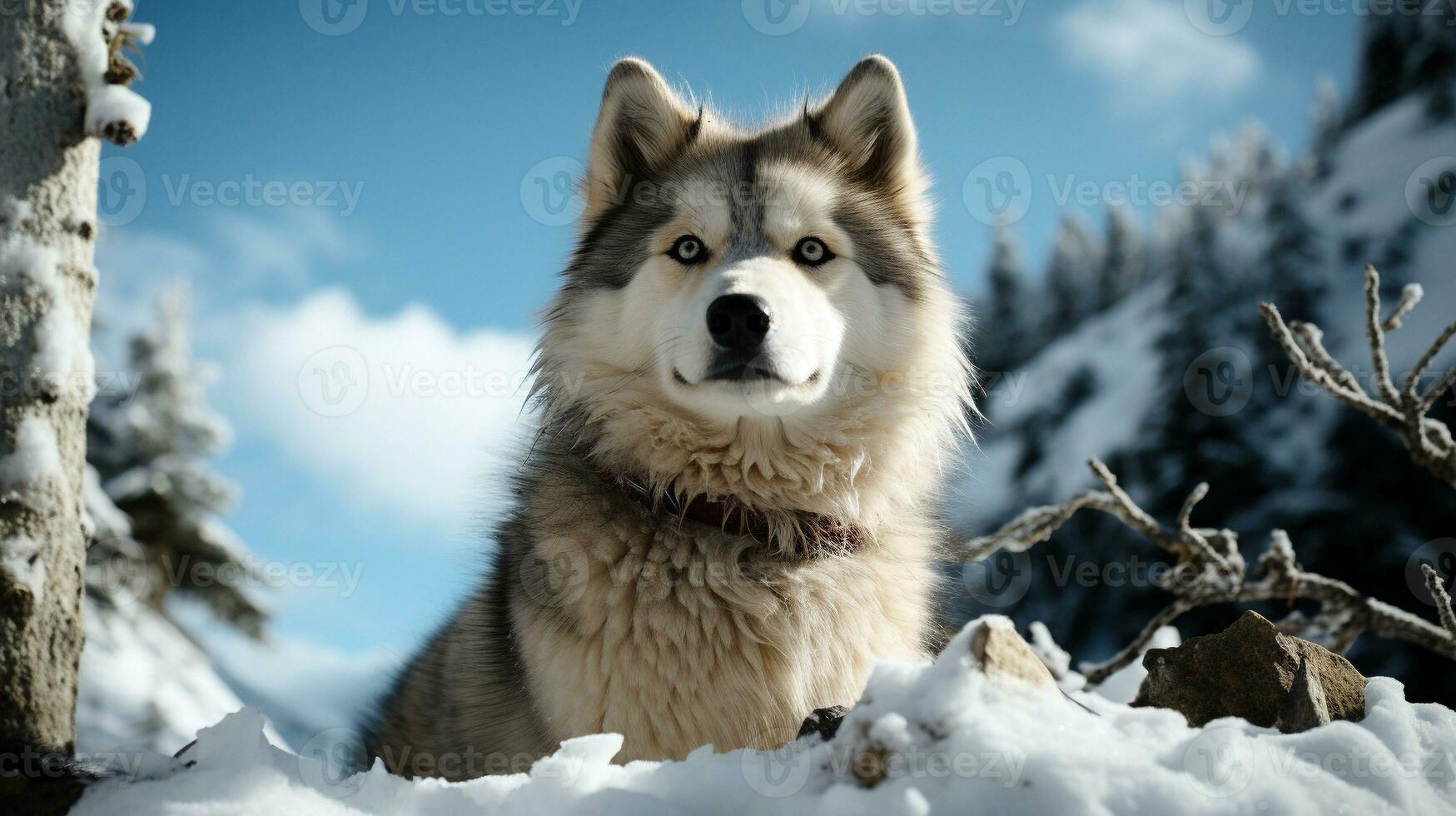 Majestic Alaskan Malamute in Snow-Covered Forest, AI Generative photo