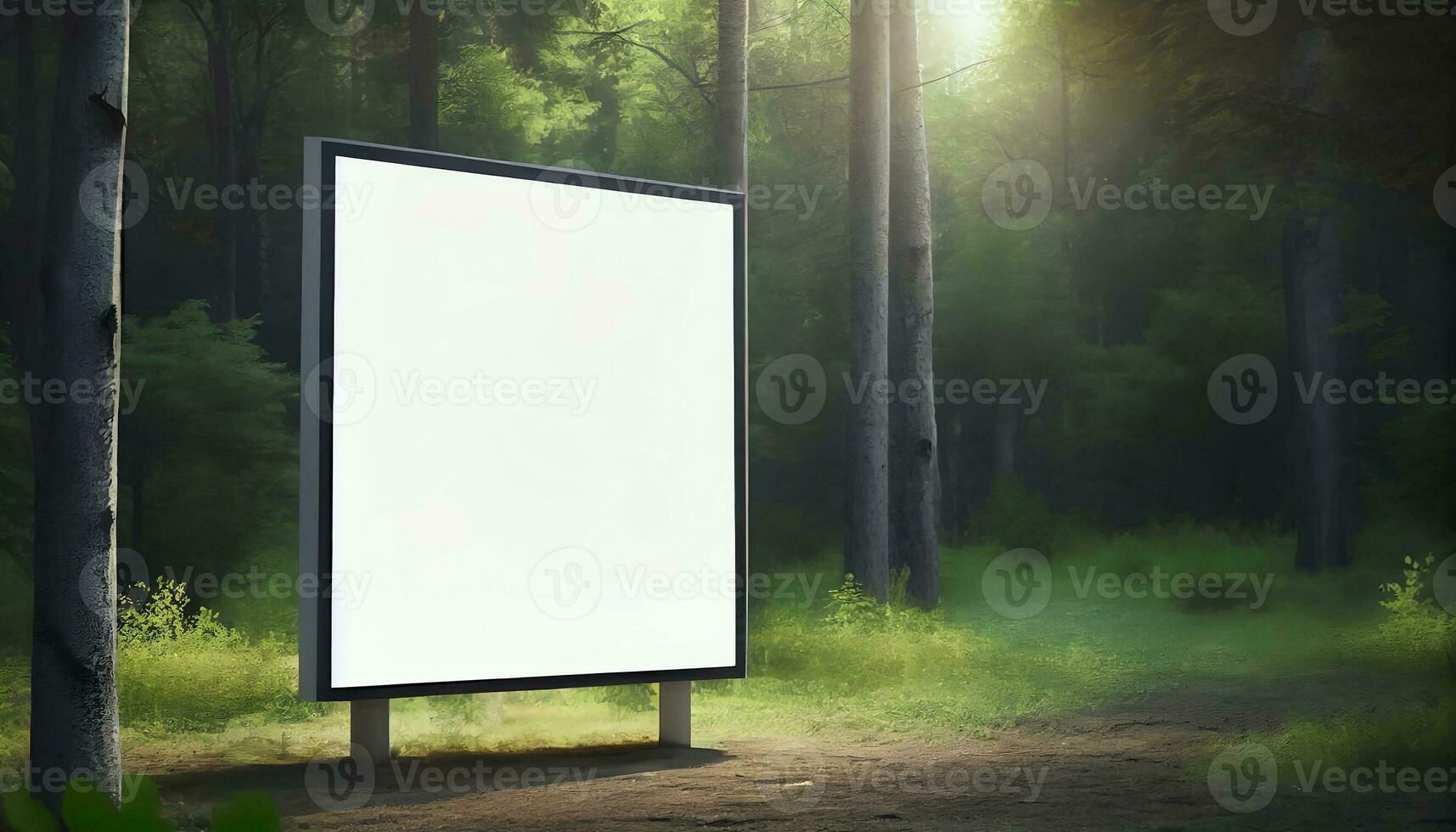 Generative AI, A Blank Billboard in the Serene Forest A Natural Advertising Opportunity for Your Product photo
